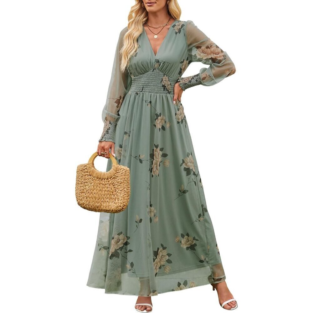 Women's Floral Maxi Dress 2025 Fall V Neck Puff Long Sleeve Flowy Casual Wedding